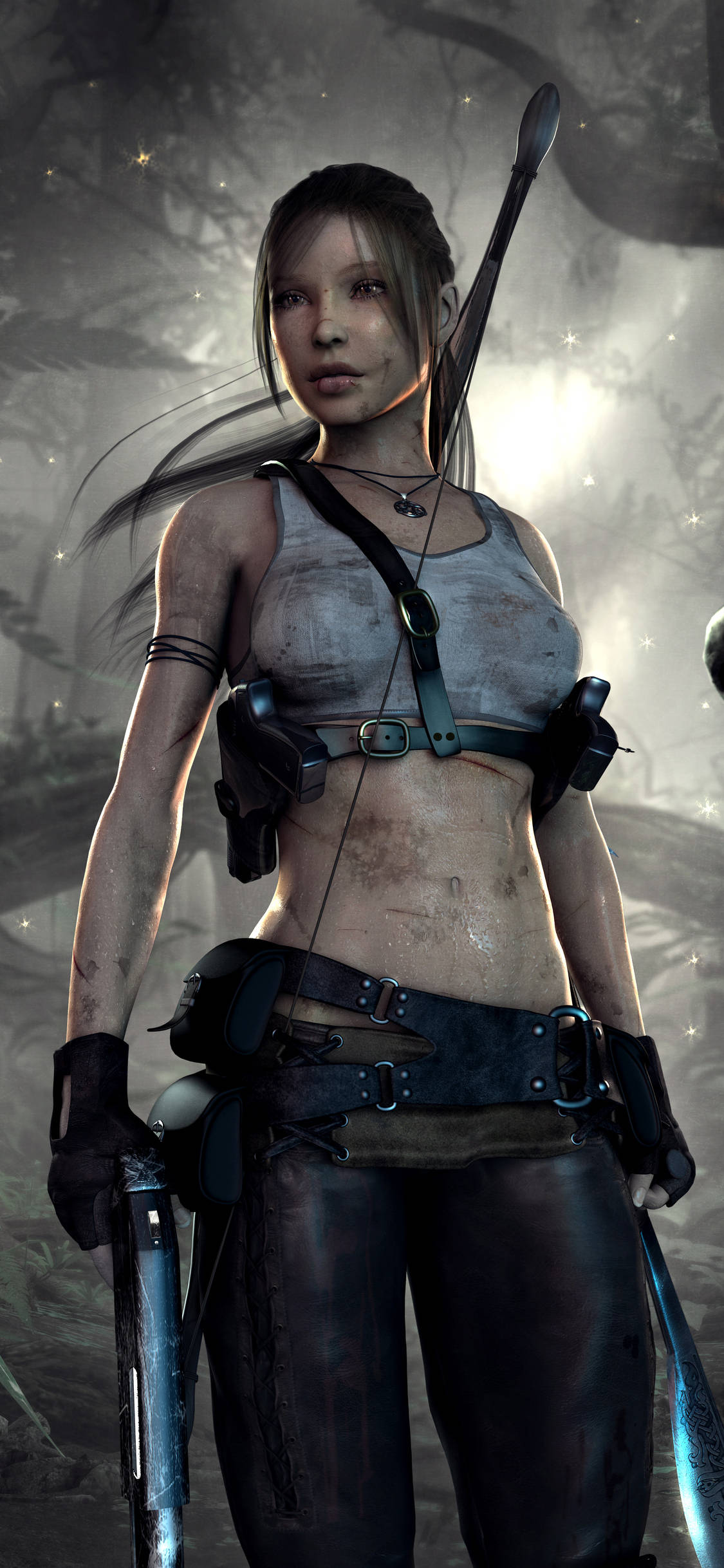 一名手持劍與刀的女子佇立於林中 壁紙