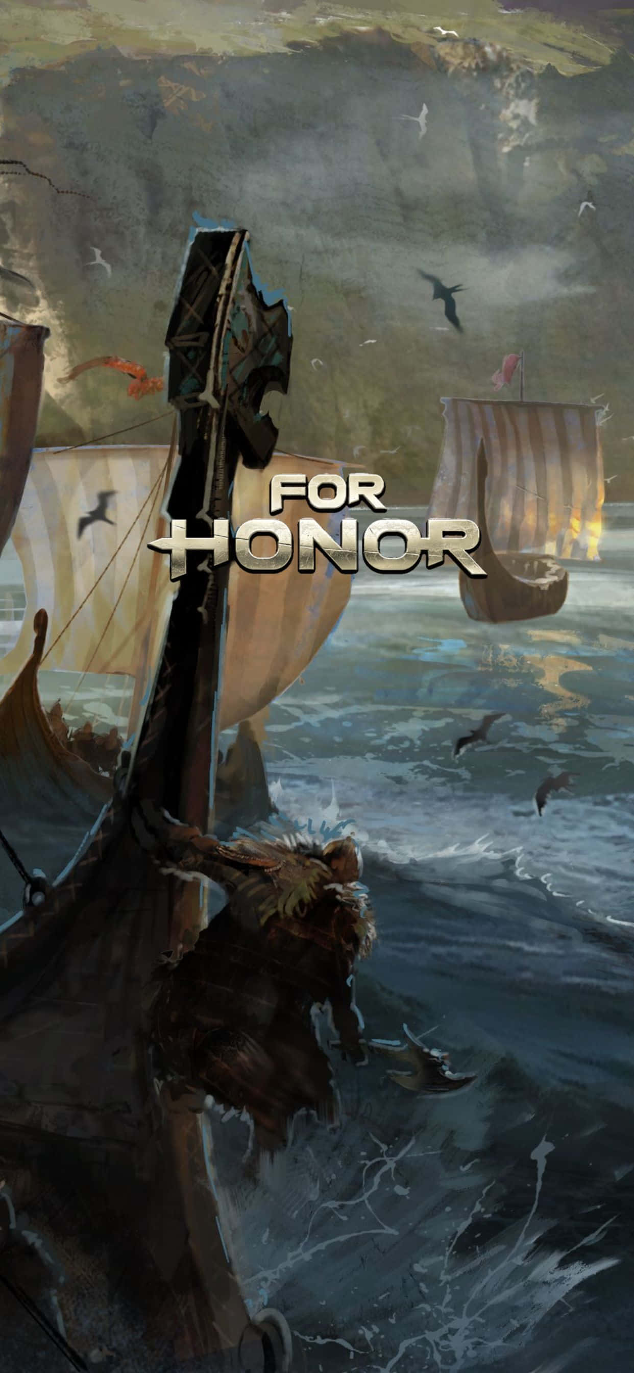 一幅描繪海洋中船隻的畫作，背景中另有一艘船 壁紙