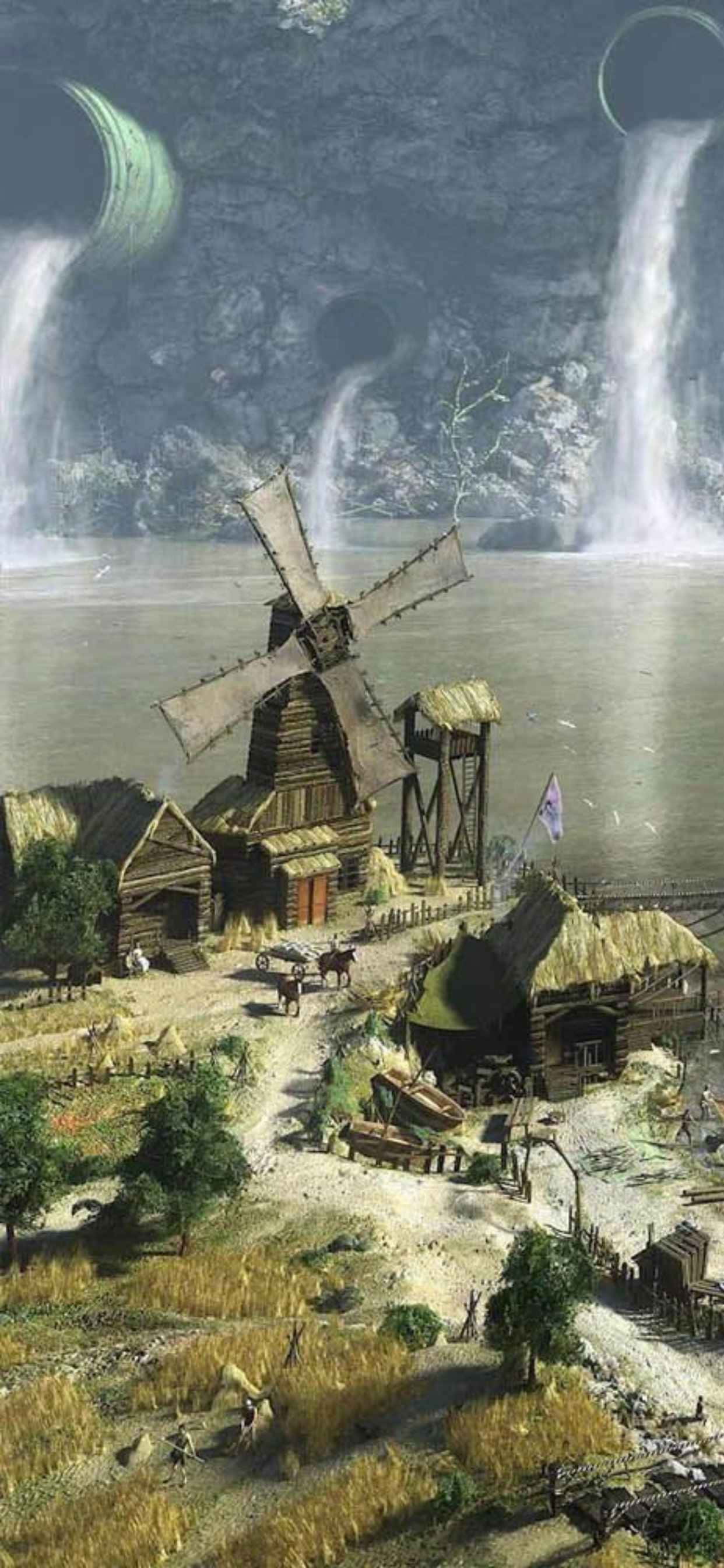 一幅描绘风车与瀑布的画作 壁紙