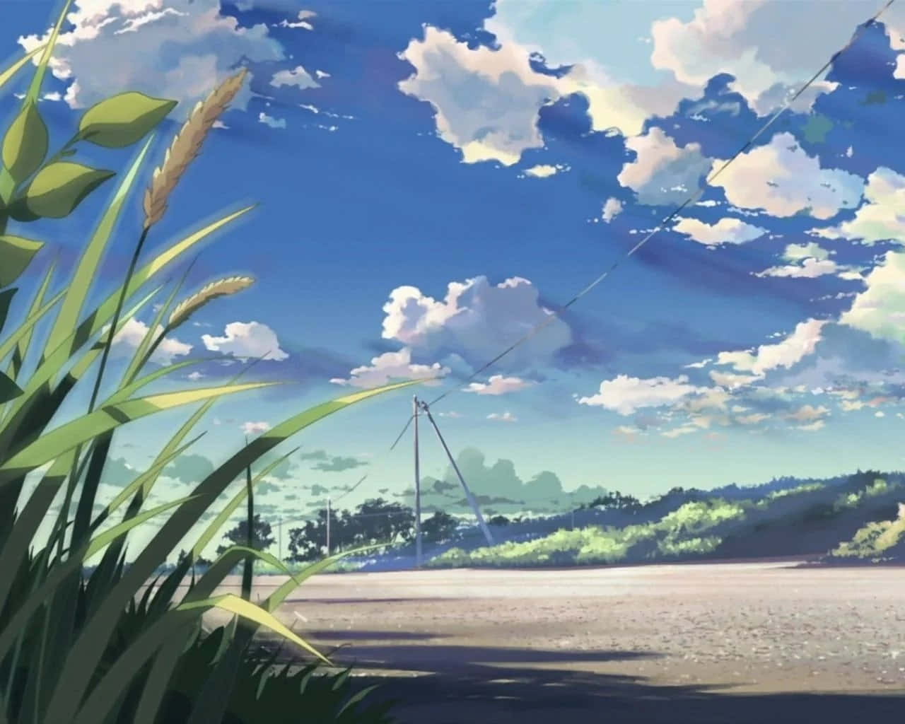 一条道路，背景有草地和云朵 壁紙
