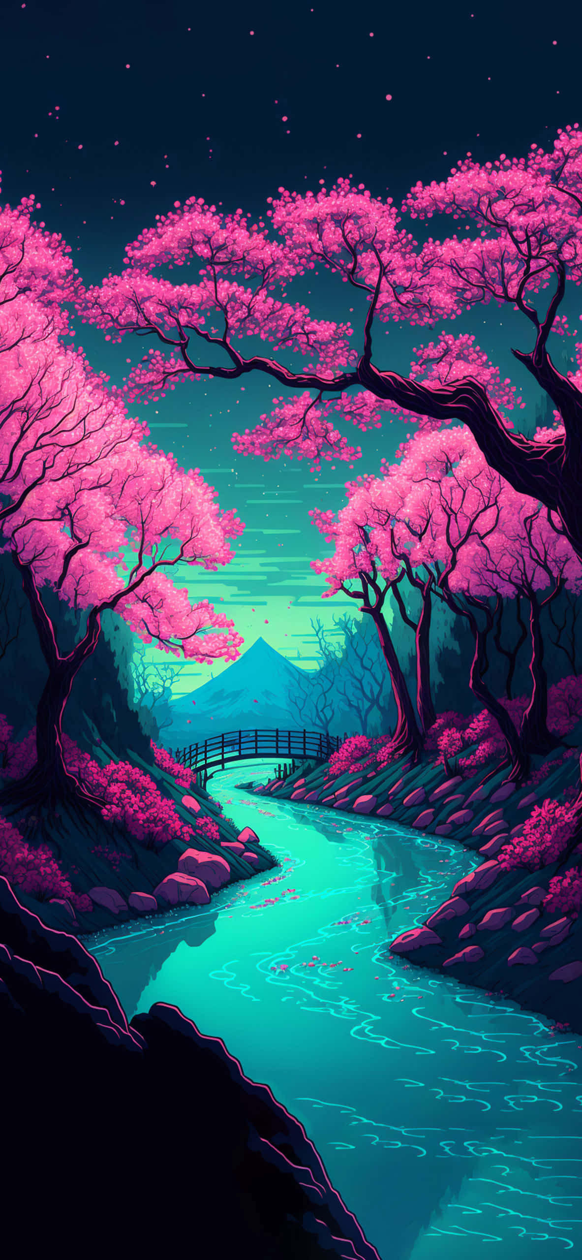 一棵粉色樹木，背景有河流 壁紙