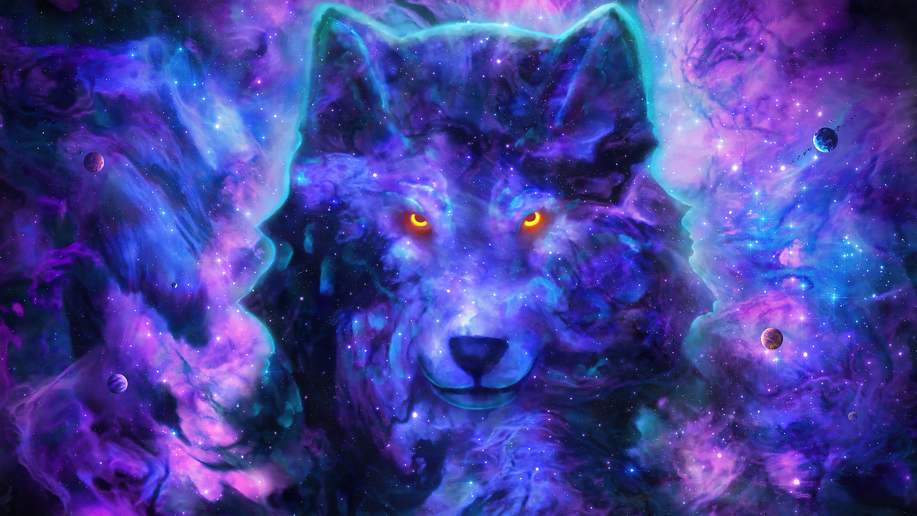 「一隻神秘而奇幻的銀河狼，凝視著星空的未知深處。」 壁紙