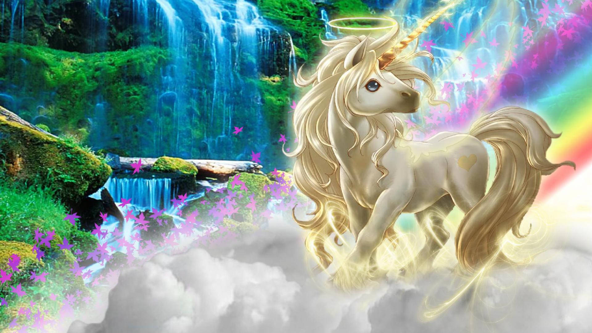 奇幻獨角獸，擁有金棕色頭髮、獨角與光環，置身於充滿雲朵、綠草和瀑布的天堂般場景。