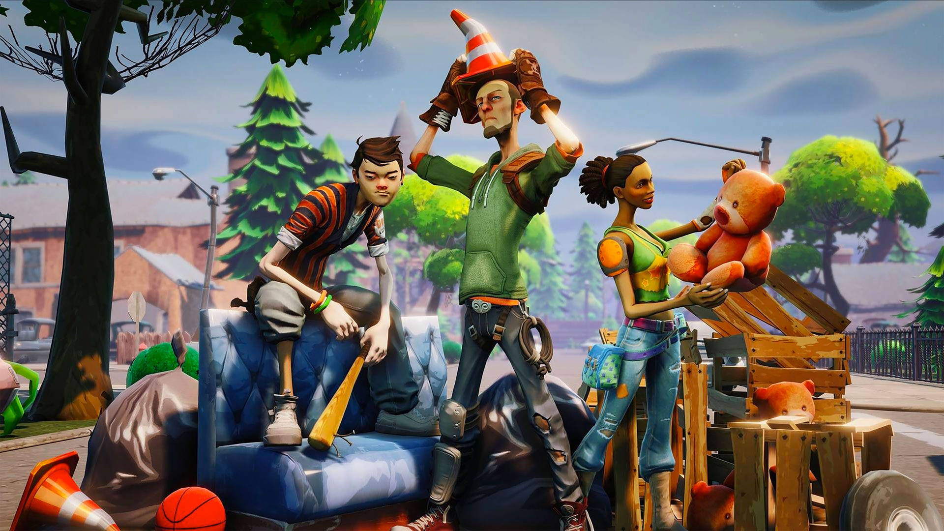 三個堡壘之夜角色在街頭擺姿勢的HD桌布 — Fortnite 壁紙