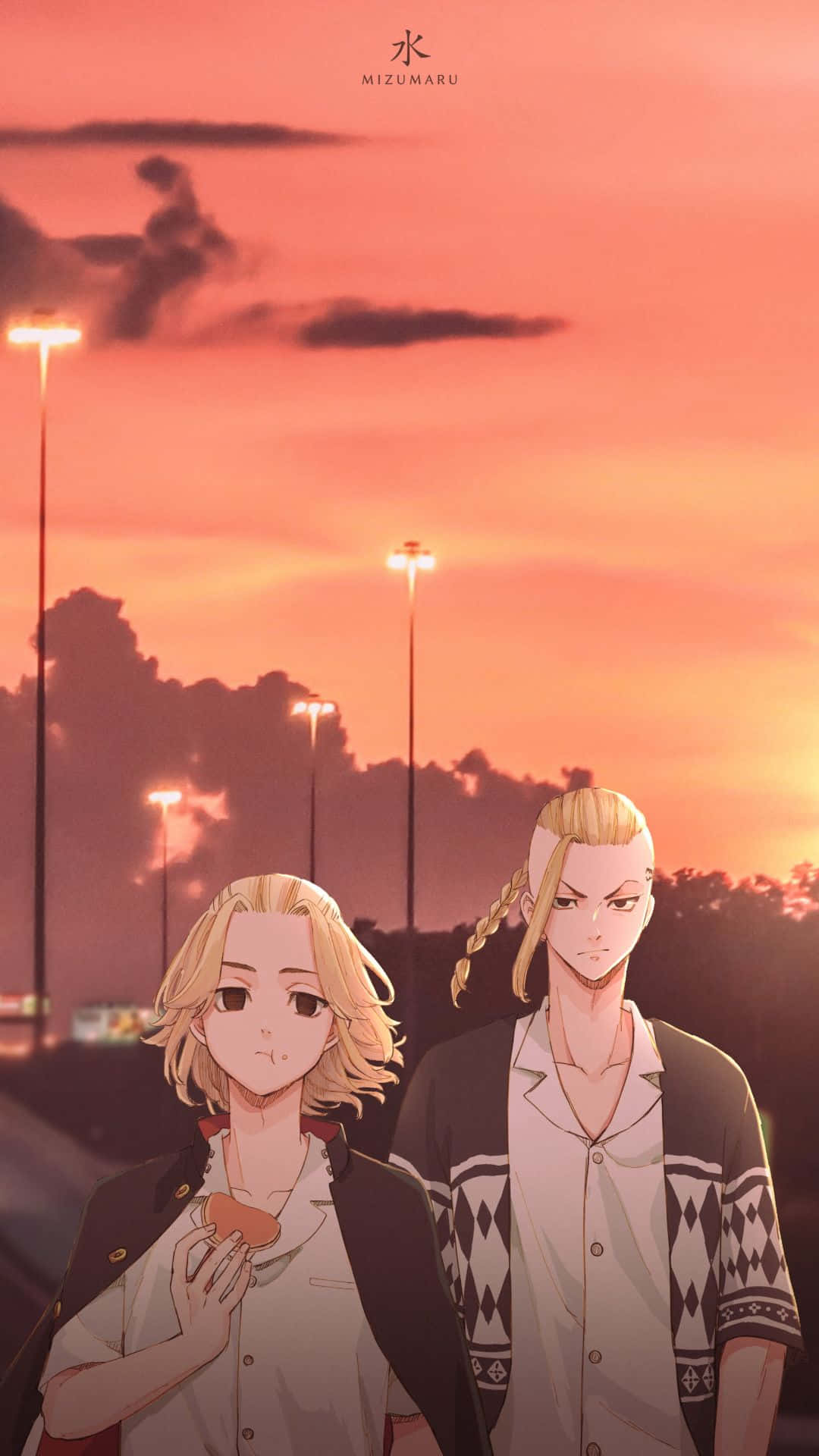 东京复仇者动漫中Mikey与Draken的夕阳天空 壁紙