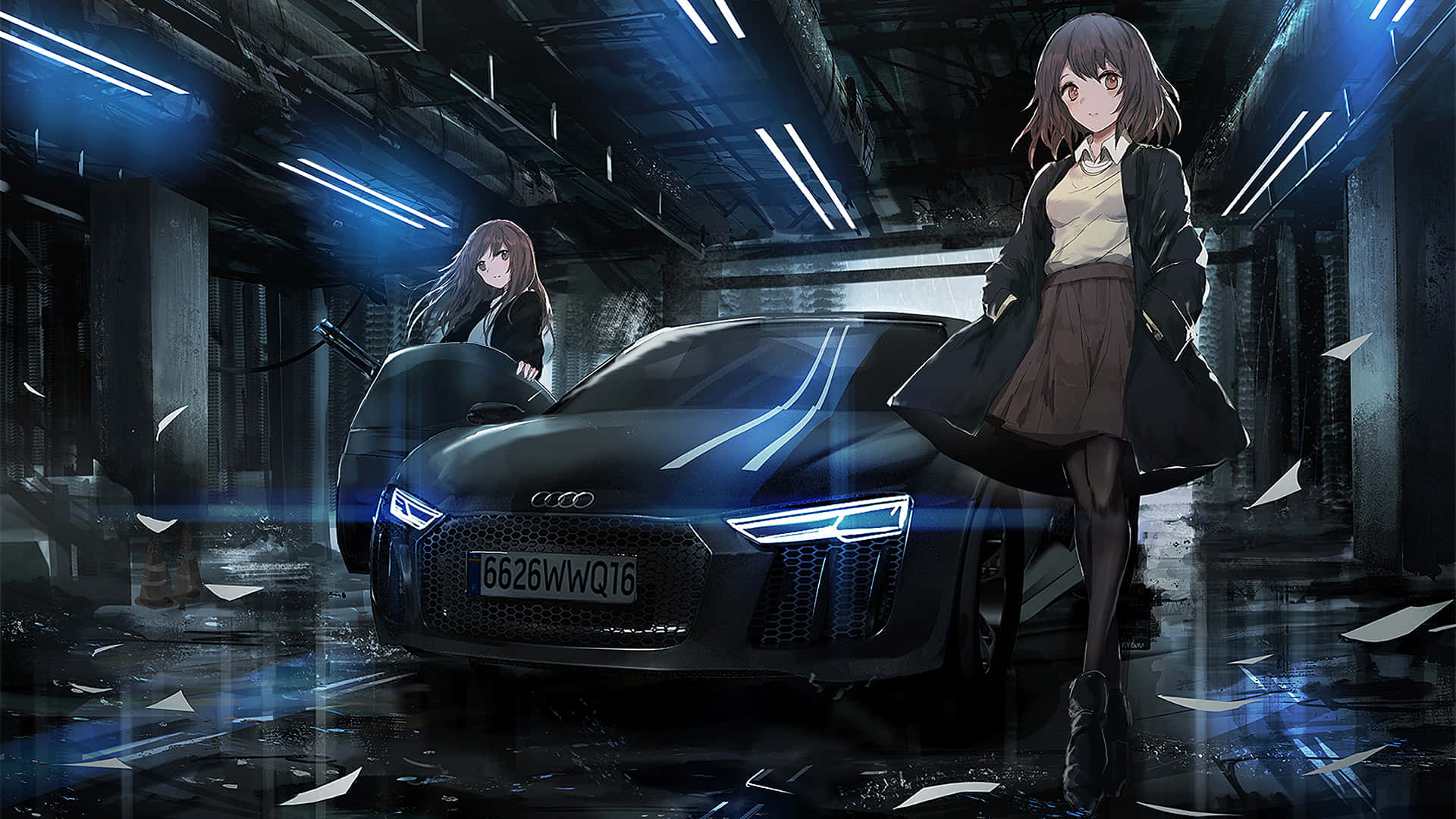 两个动漫女孩站在一辆车旁 壁紙