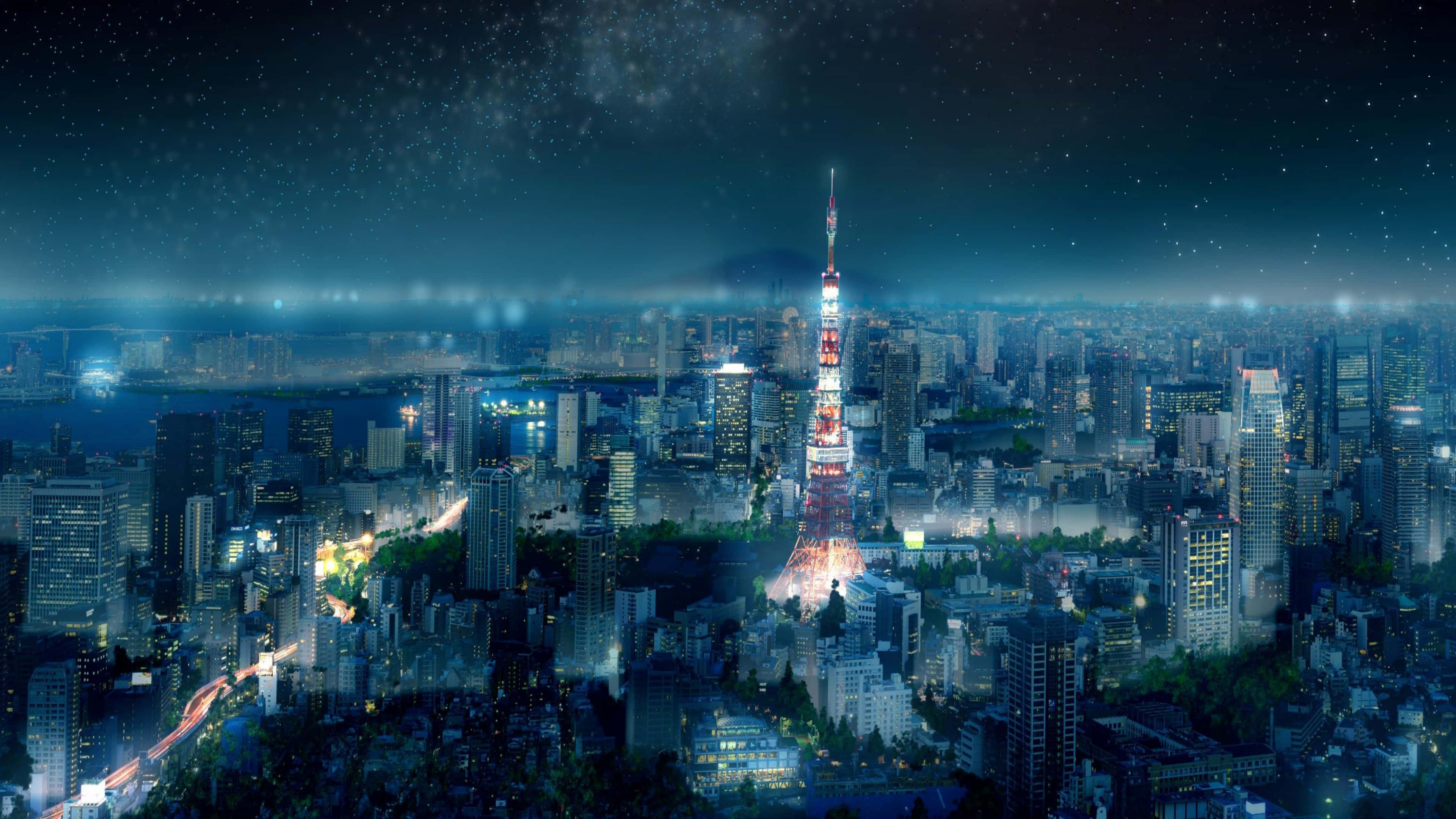 令人陶醉的東京夜景，帶有動漫風格 壁紙