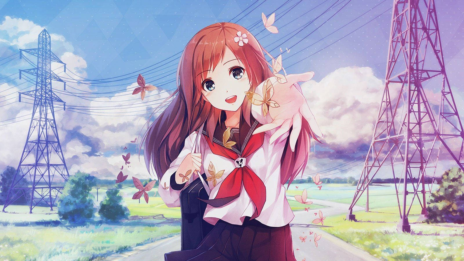 穿校服的動漫女孩伸手桌布