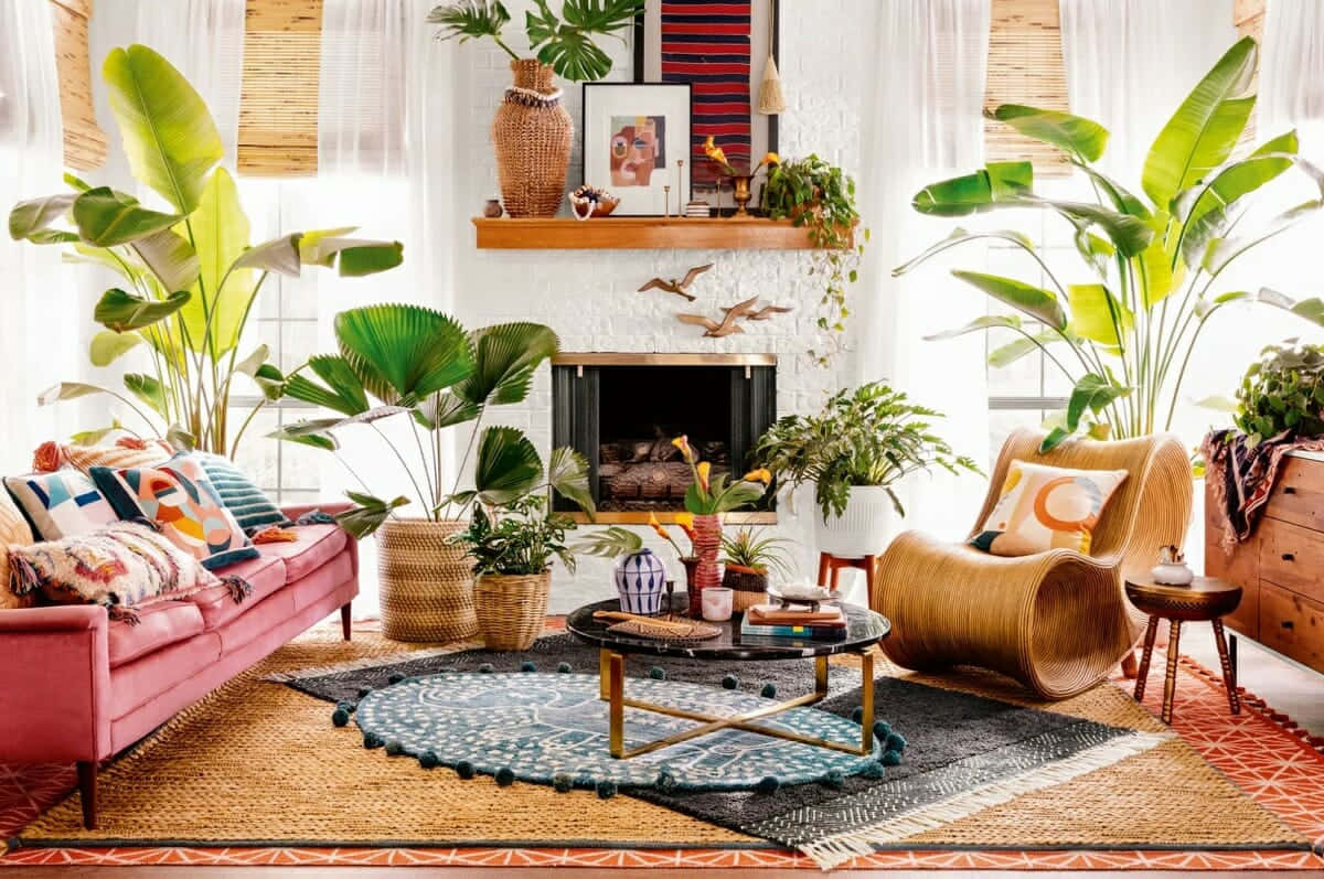 充滿植物的客廳與家具 壁紙