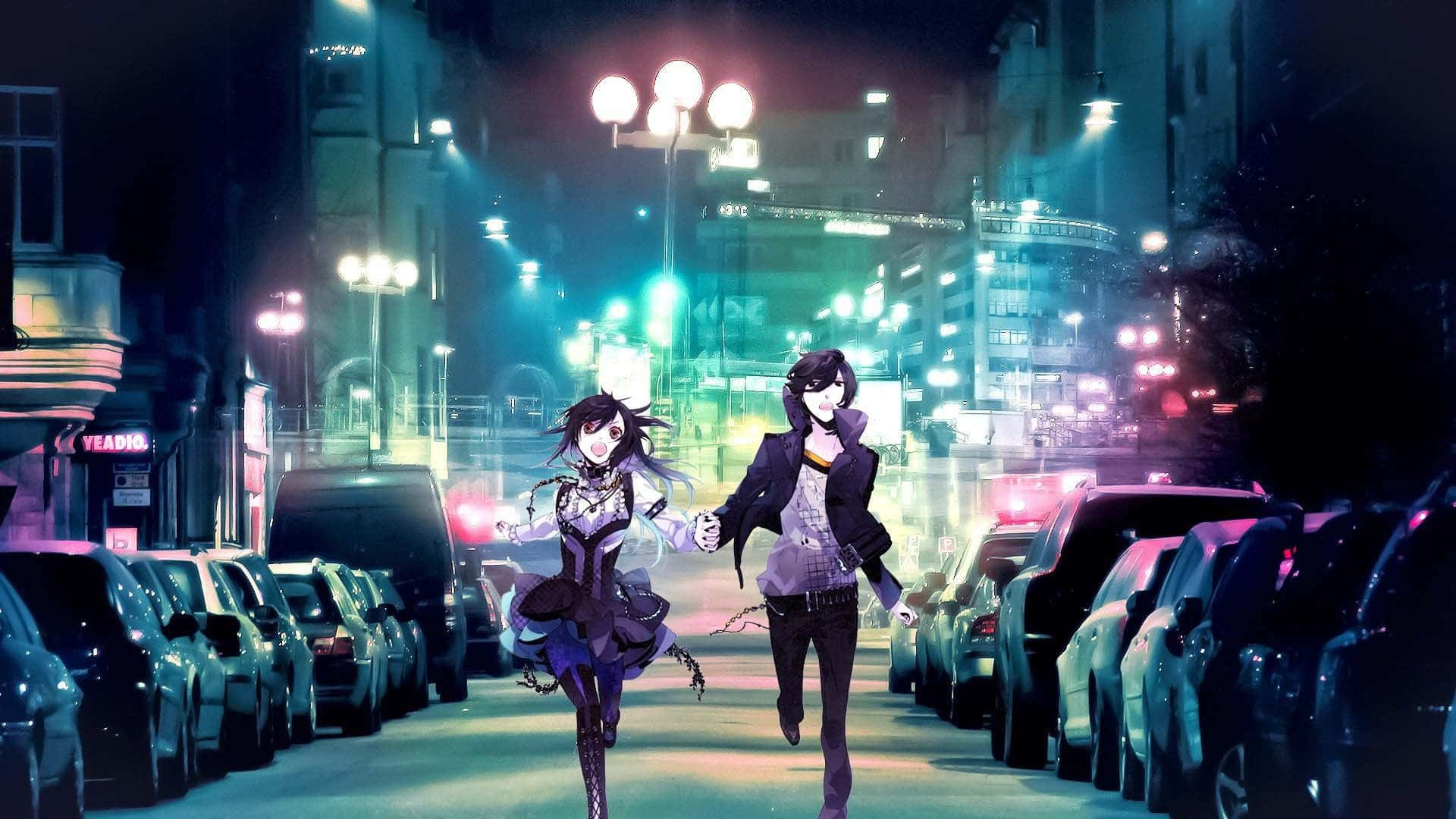 兩位動漫女孩在夜晚街道上漫步 壁紙