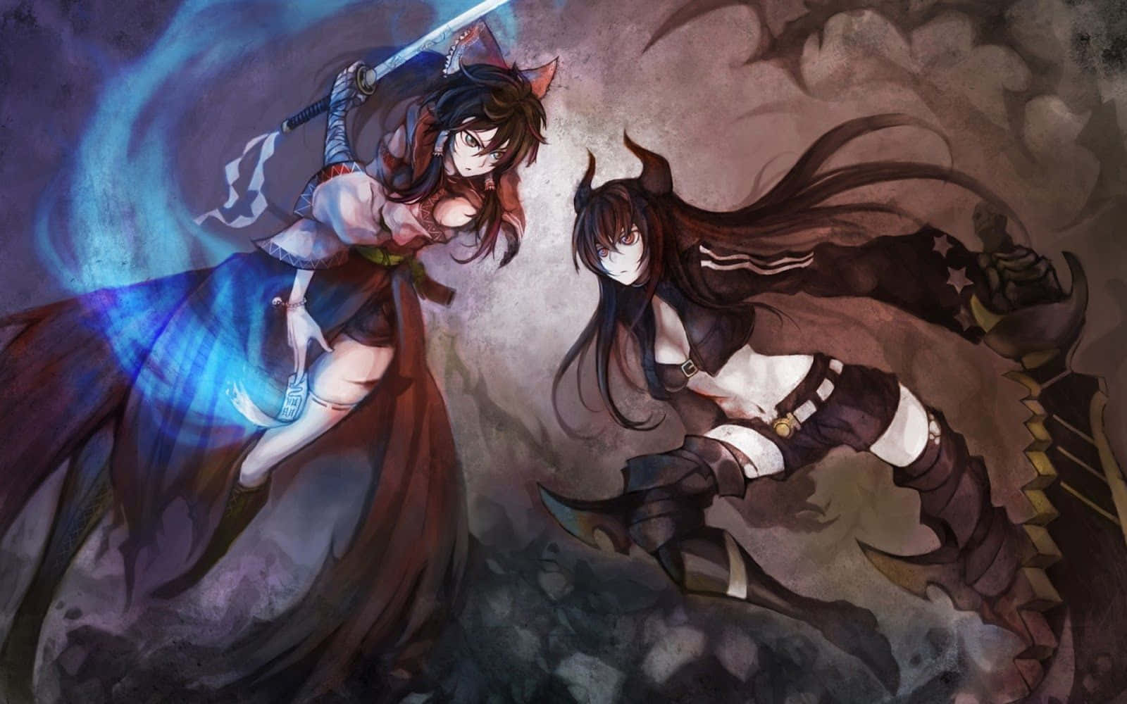 兩位手持劍刃的動漫少女背景 壁紙