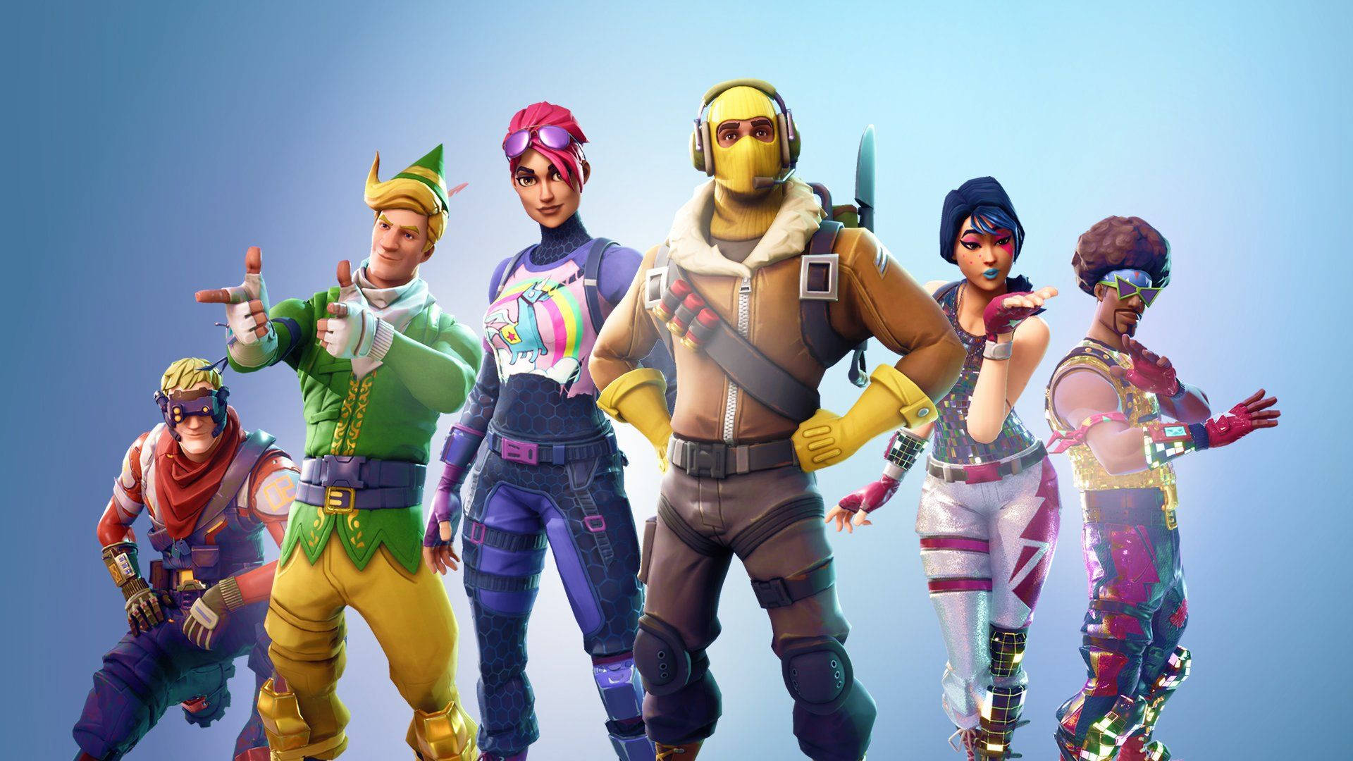 六個《要塞英雄》角色在藍色漸層背景上的高畫質桌布。 — Fortnite 壁紙