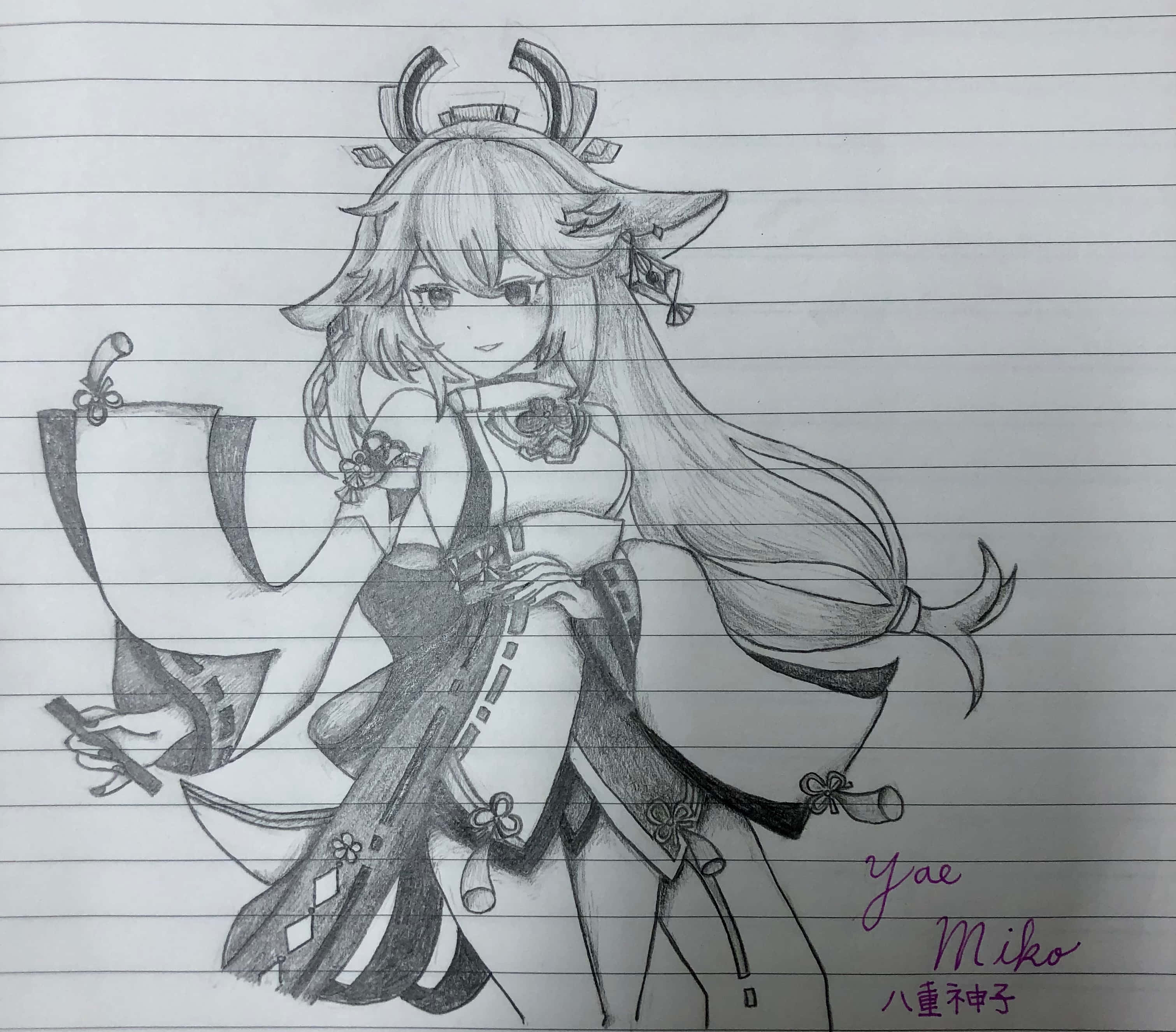 八重神子铅笔素描头像 壁紙