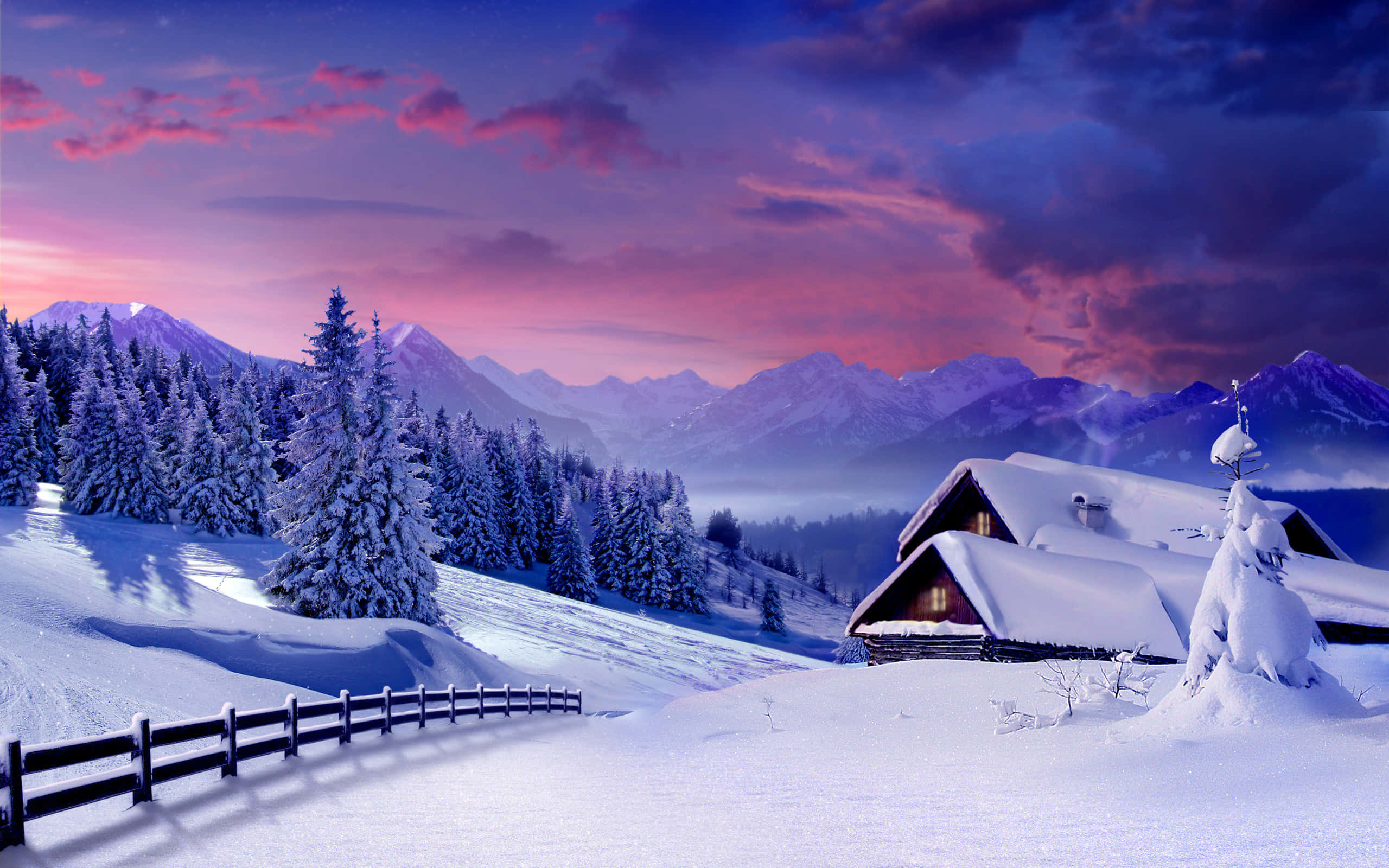 冬日仙境小屋雪景背景 壁紙