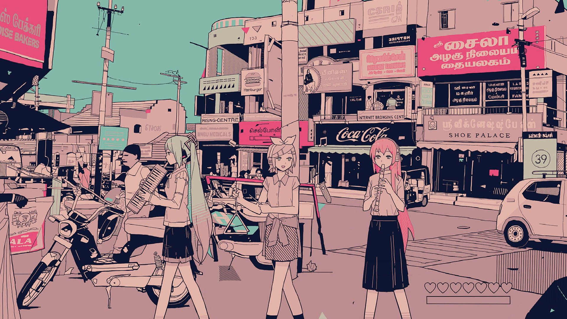 初音未來與VOCALOID角色可愛復古動畫風格 壁紙