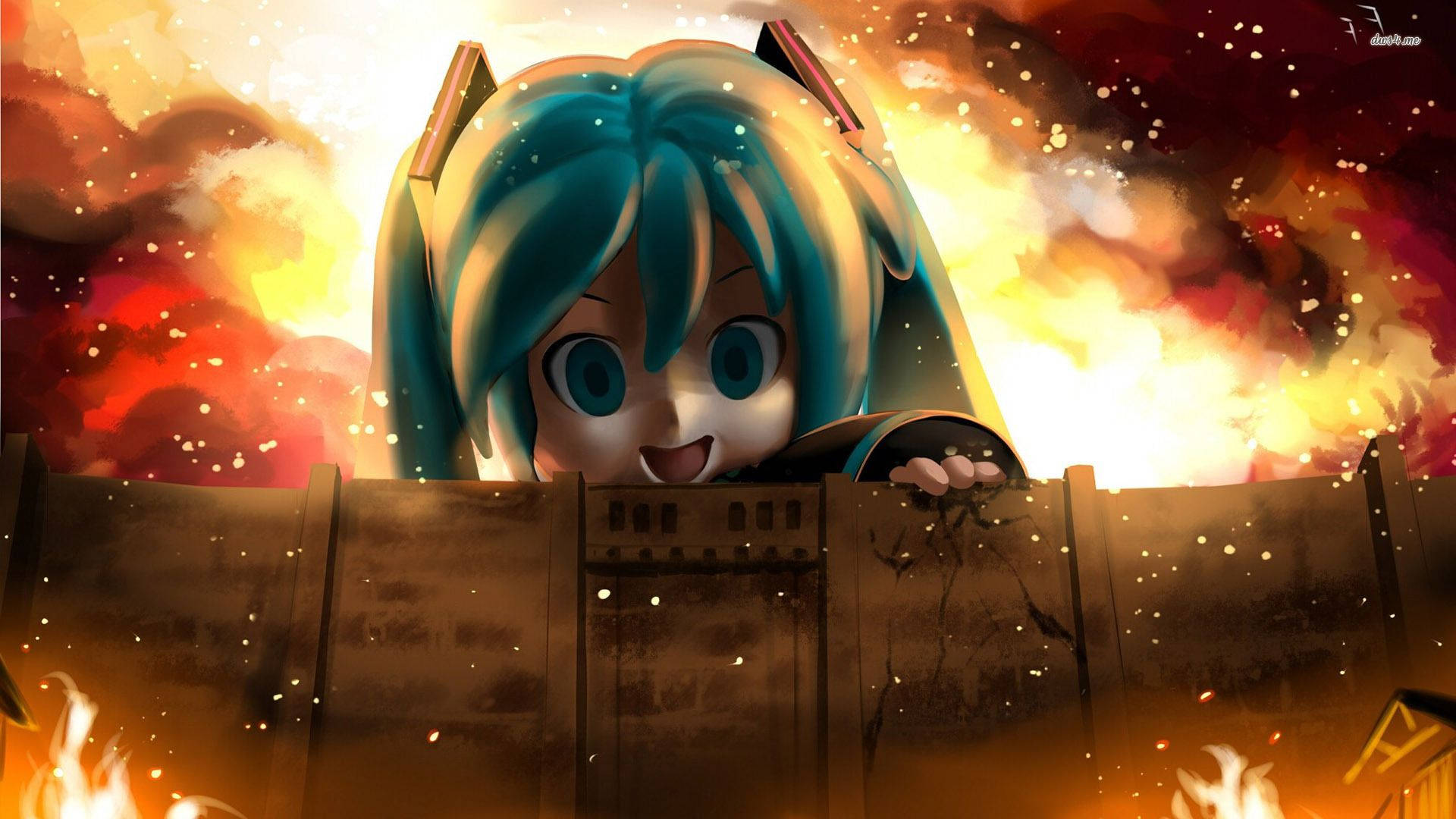 《進擊的巨人》跨界粉絲藝術桌布中，初音未來從牆後探頭，望向超大型巨人。