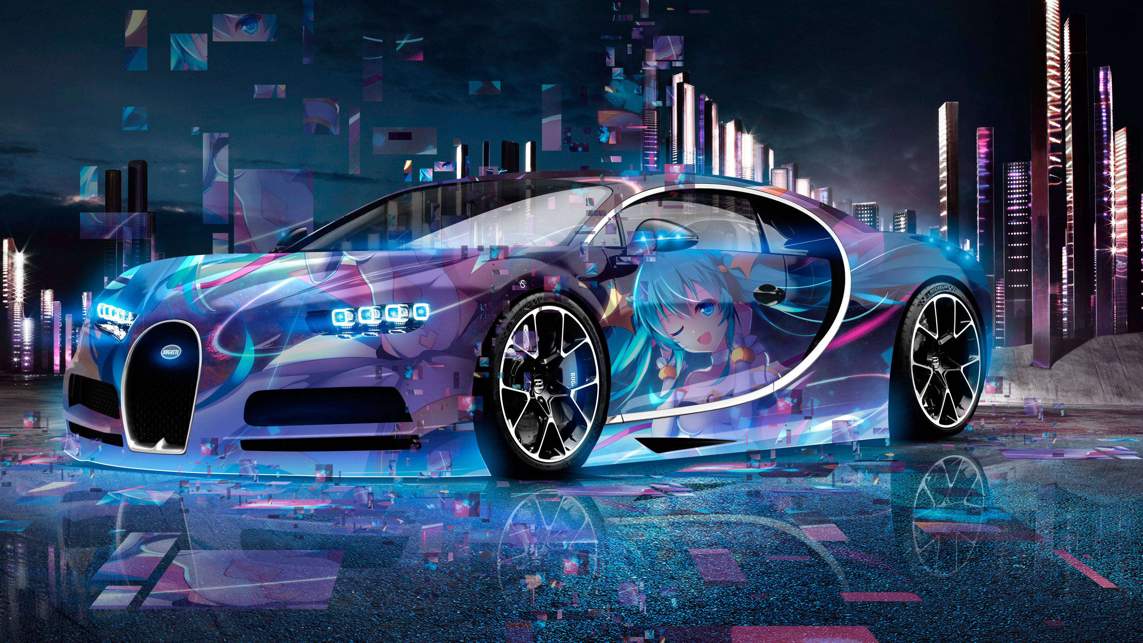 初音未来风格布加迪奇龙动漫汽车 壁紙