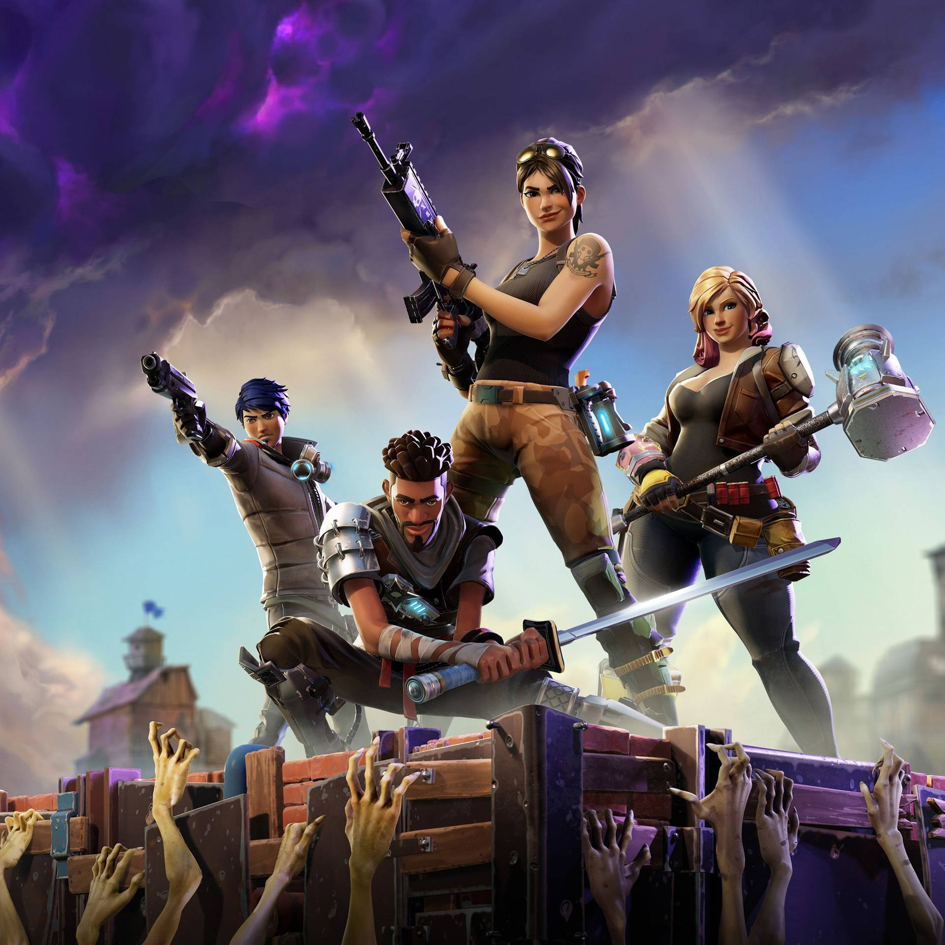 四位戰士在《要塞英雄》HD桌布中對抗怪物以求生存。 — Fortnite 壁紙