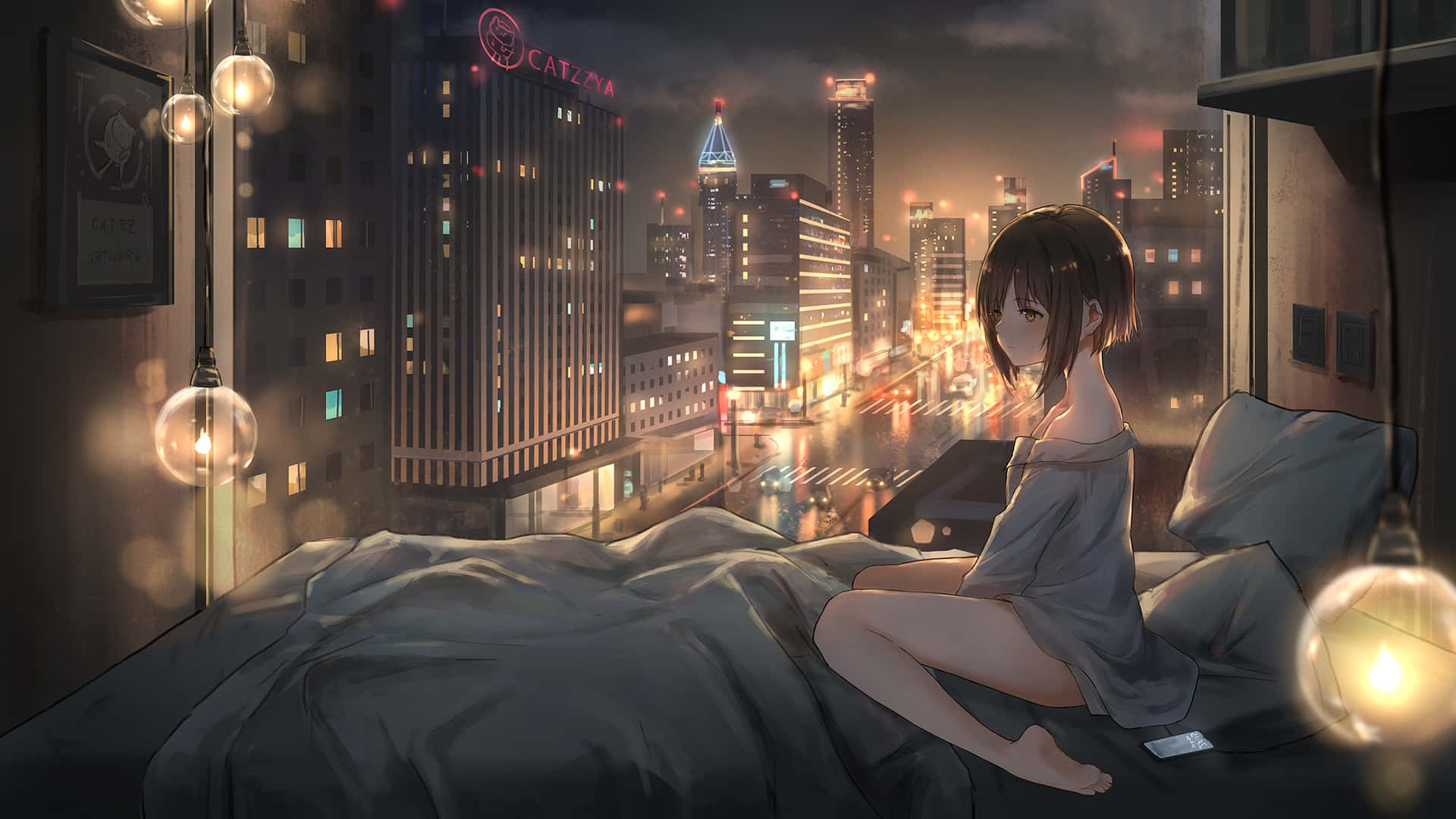 动漫城市摩天大楼夜景 壁紙