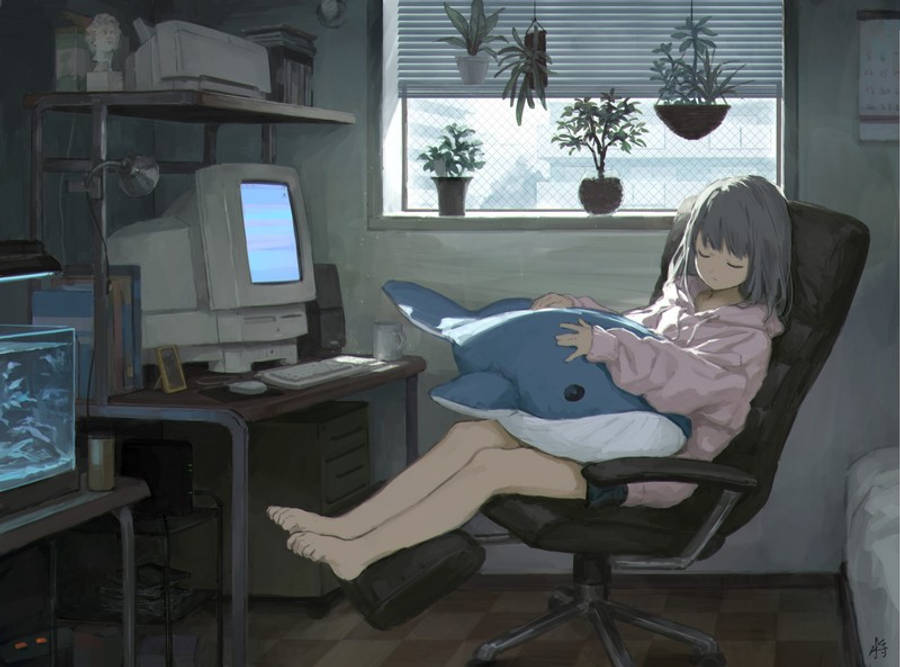 动漫女孩在笔记本电脑前入睡 壁紙