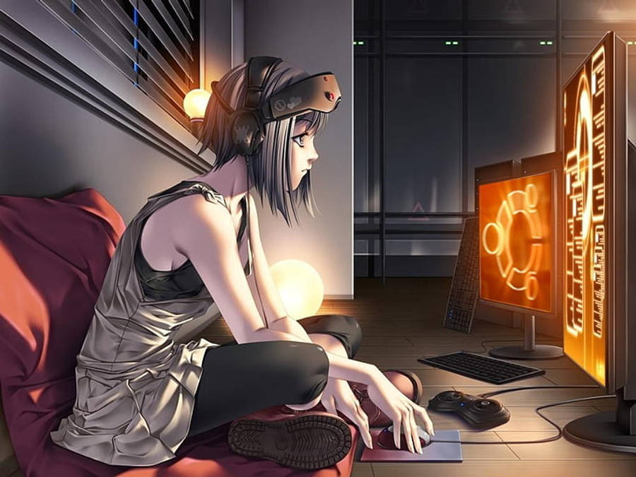 动漫女孩靠近笔记本电脑屏幕观看 壁紙