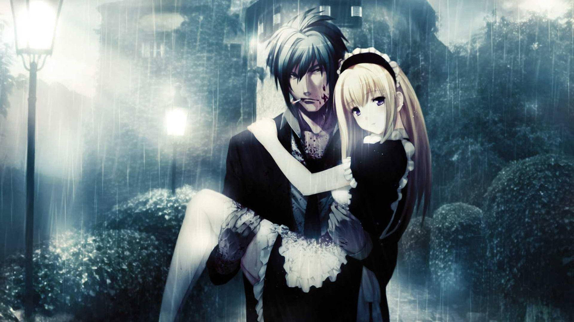 动漫情侣雨中拥抱 壁紙