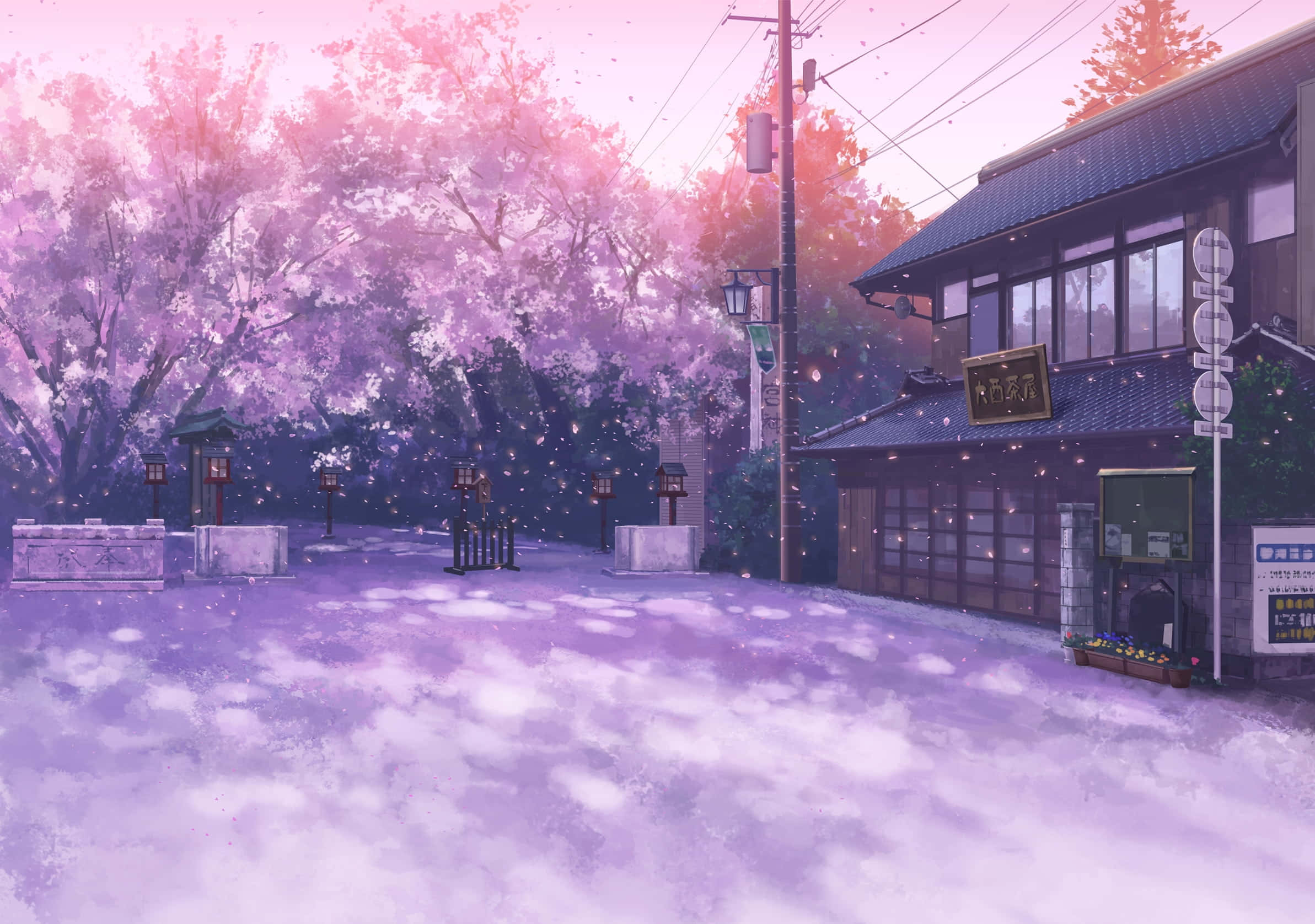 动漫樱花房屋电线杆背景 壁紙
