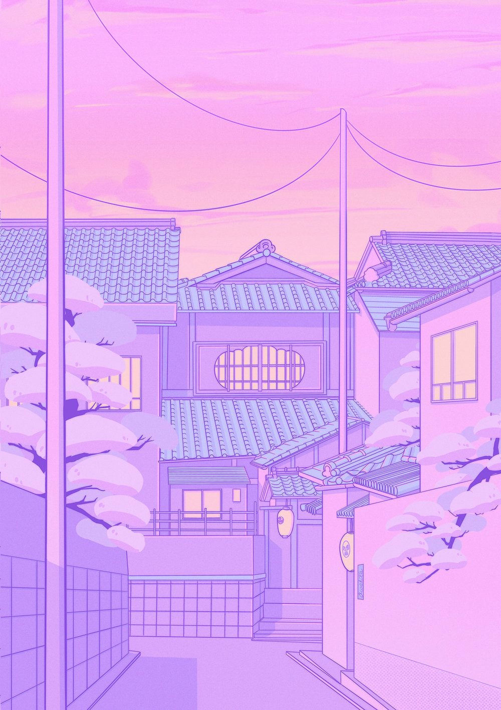 动漫街道 粉彩天空背景 壁紙