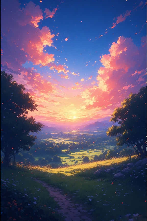 動漫夕陽鄉村風景夢幻鮮豔 4K 壁紙