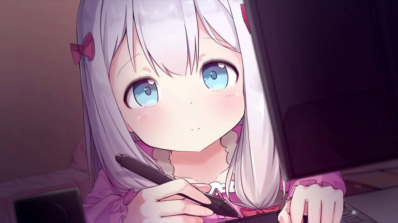 可愛動漫女孩和泉紗霧邊看筆電邊寫字的桌布