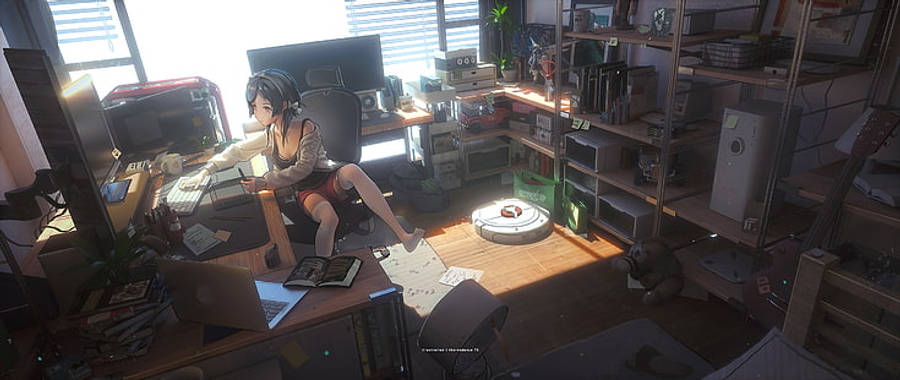 動漫女孩舒適地使用筆記型電腦工作 壁紙