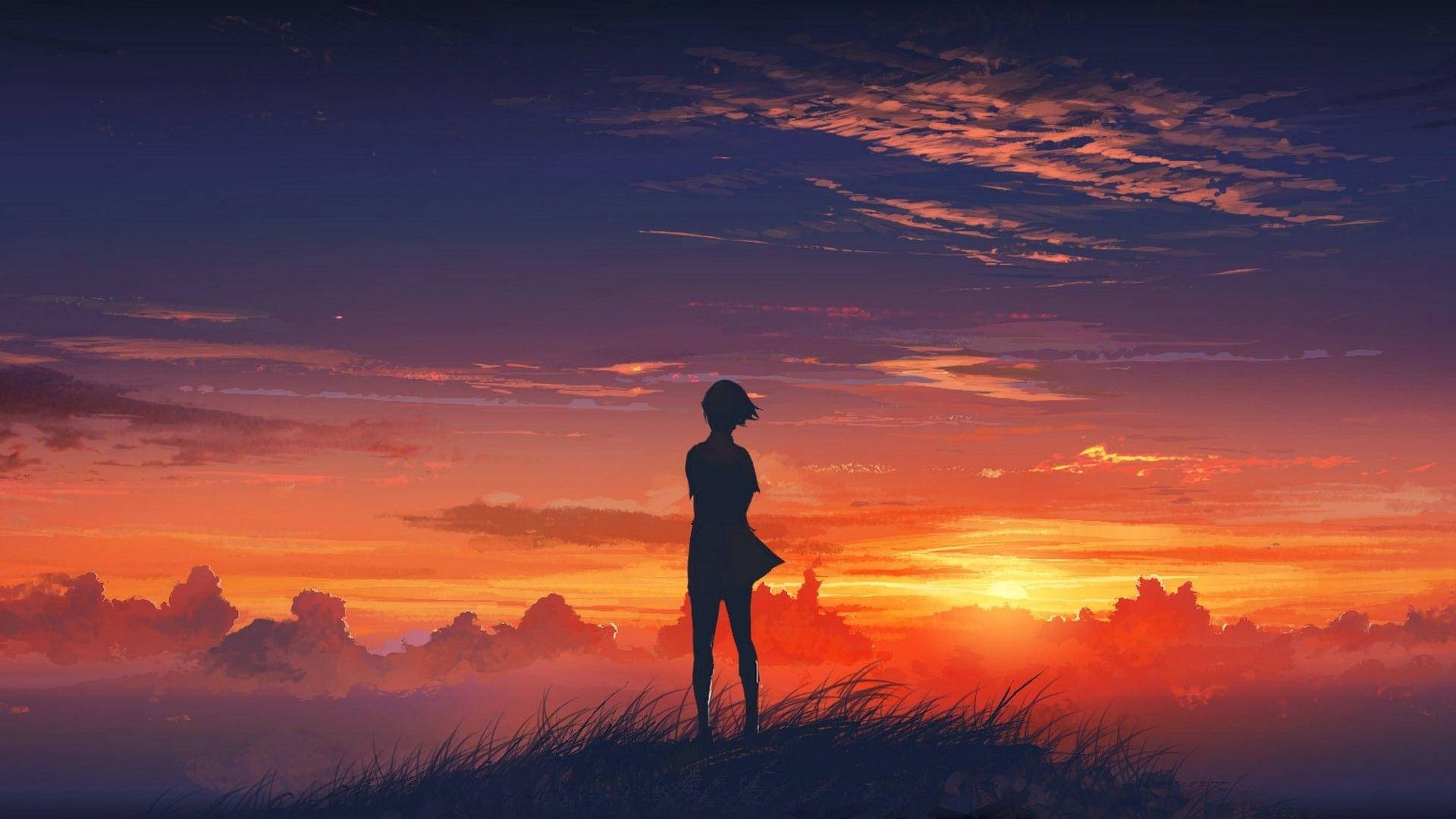 動漫少女剪影夕陽美學 壁紙