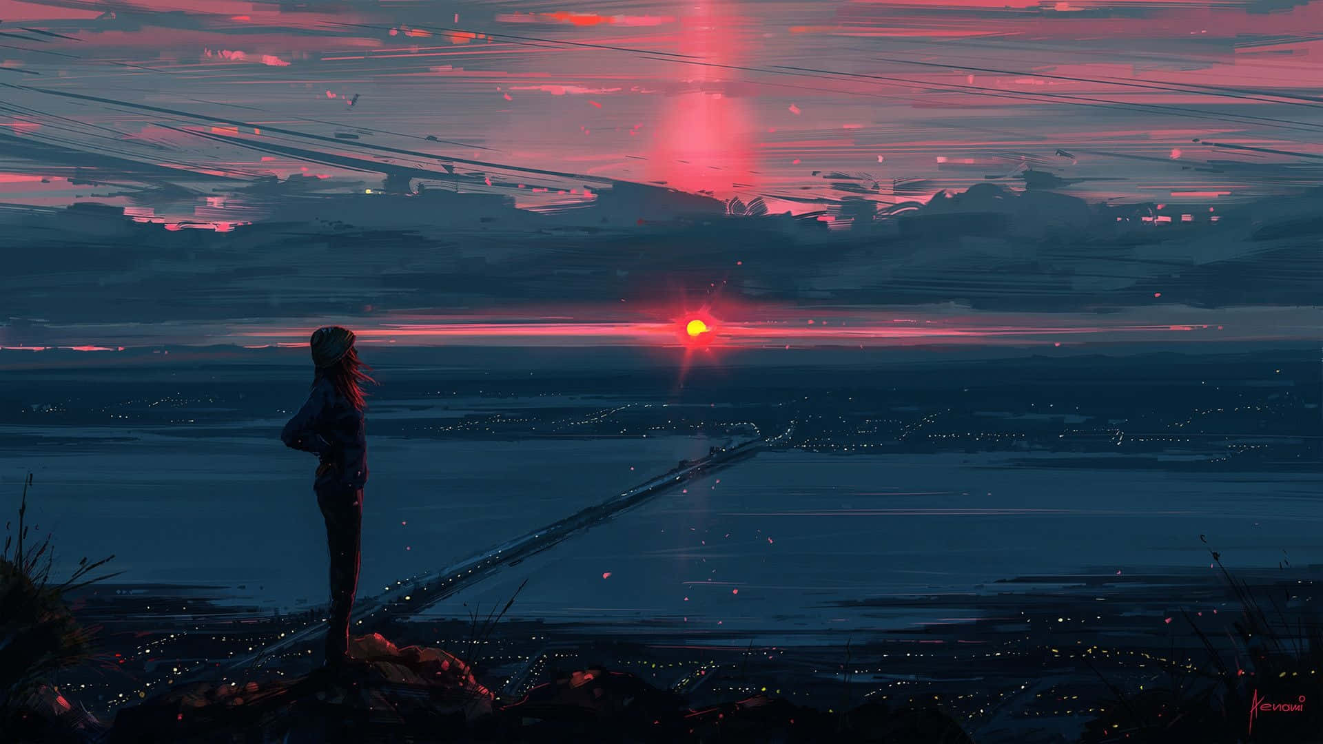 動漫少女懸崖俯瞰夕陽城市 — 動畫風景 壁紙