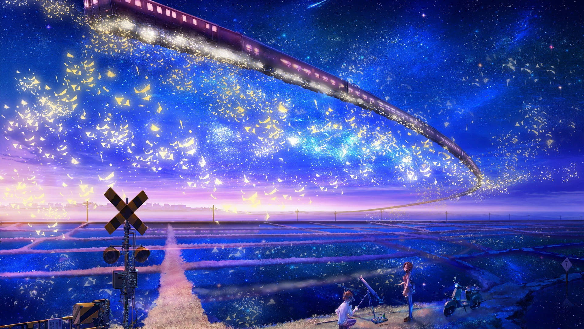 動漫情侶凝望魔法天空 壁紙