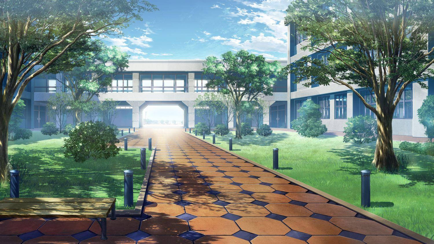 動漫校園場景拼磚小徑 壁紙