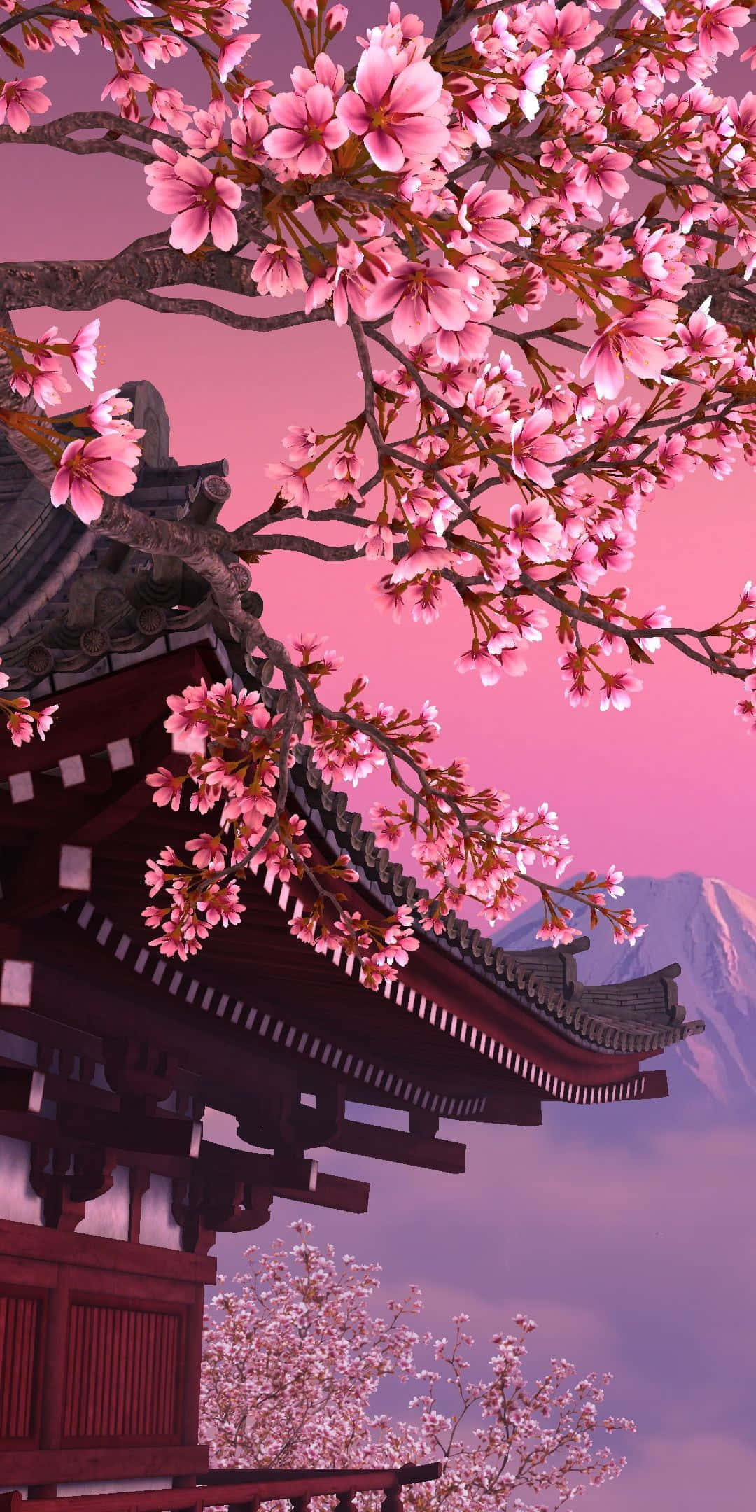 動漫櫻花日本寺廟背景 壁紙