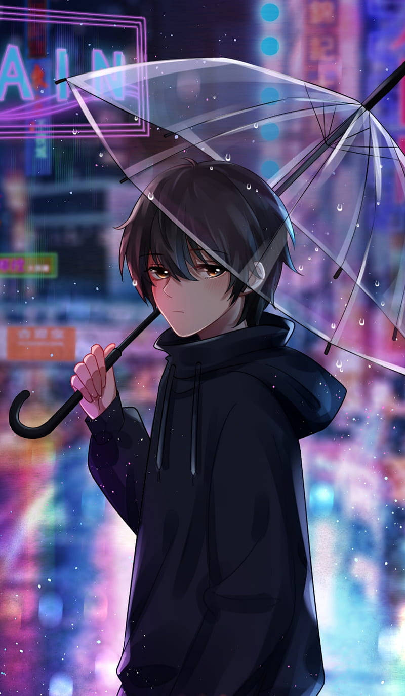 動漫男孩暗色透明傘 壁紙