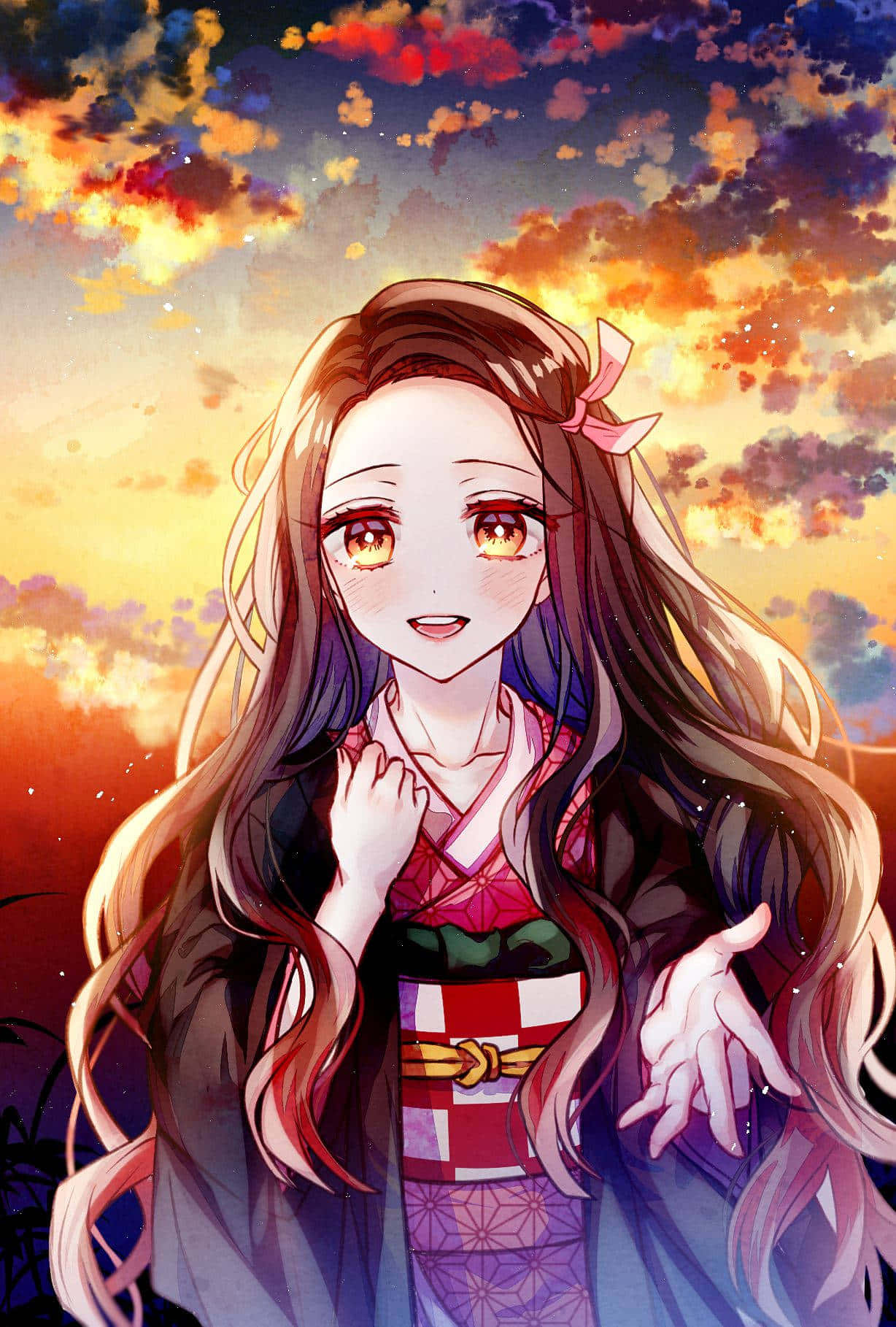 動漫角色可愛竈門禰豆子配夕陽天空 壁紙