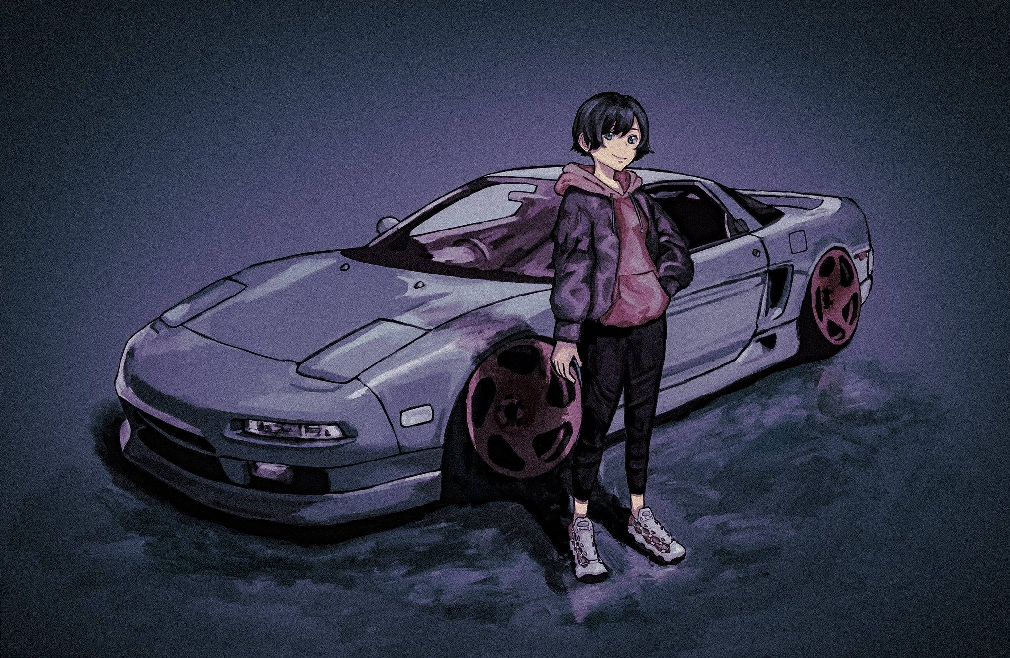 動漫連帽衫女孩與汽車 壁紙