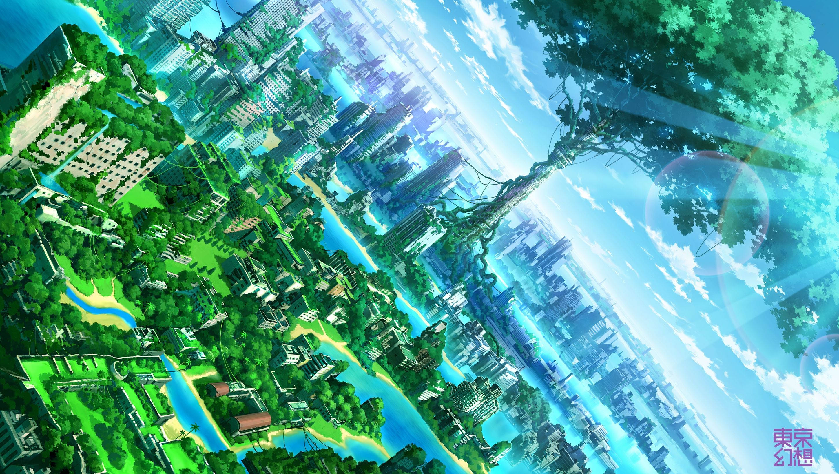 動漫風景 綠意城市 壁紙
