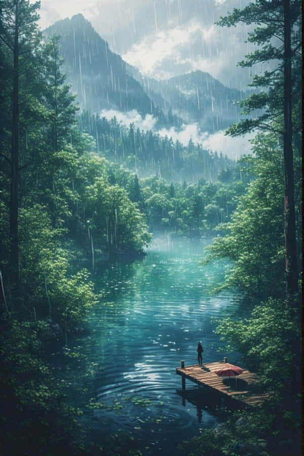 動漫風格雨中綠林湖畔寧靜自然4K 壁紙