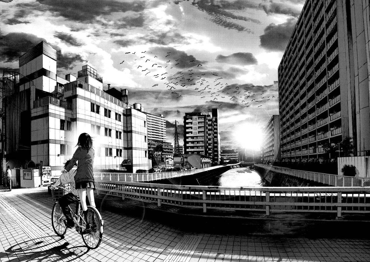 動畫風格城市中騎腳踏車的黑白動漫女孩 壁紙