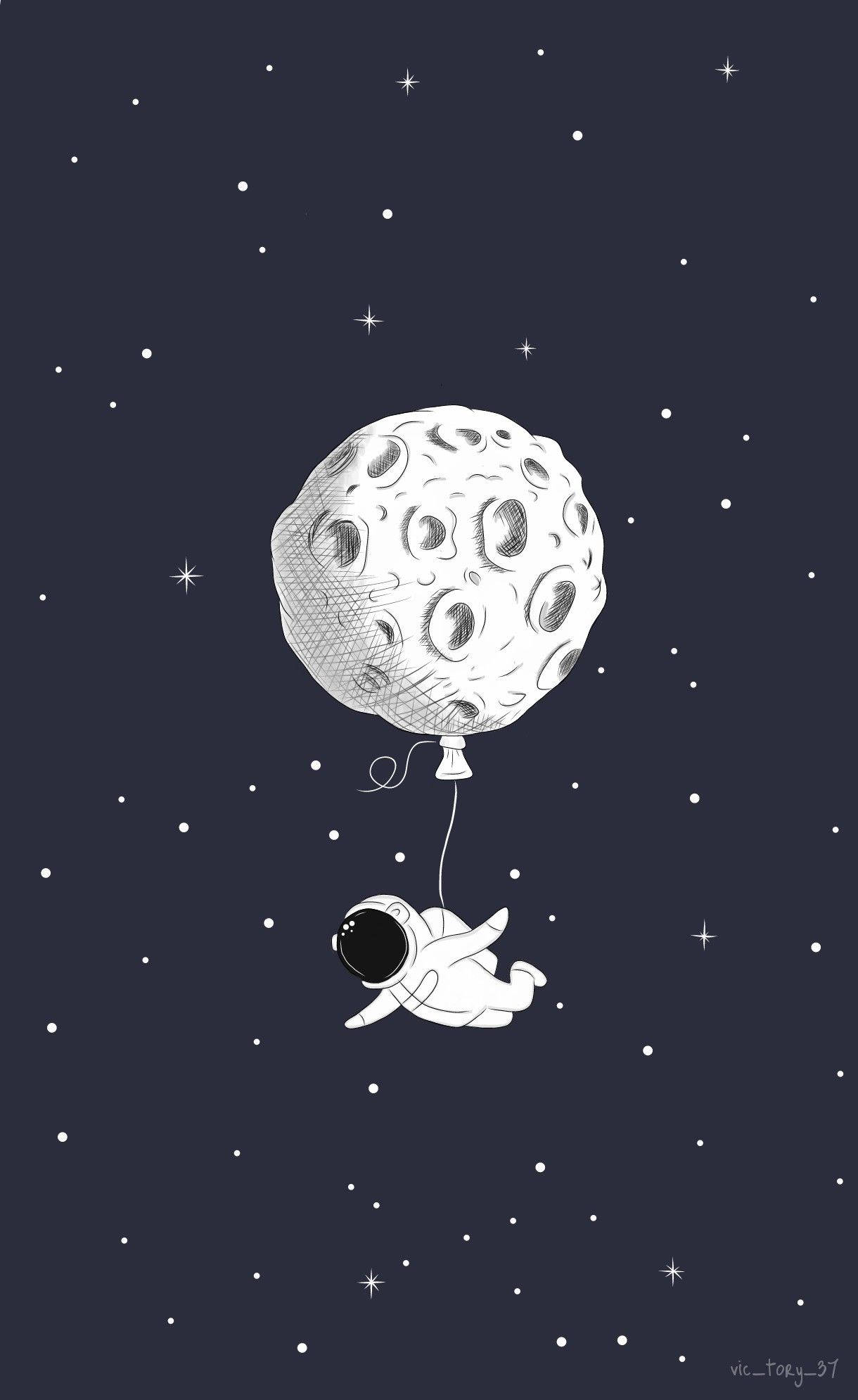 卡通太空人與月球氣球 壁紙