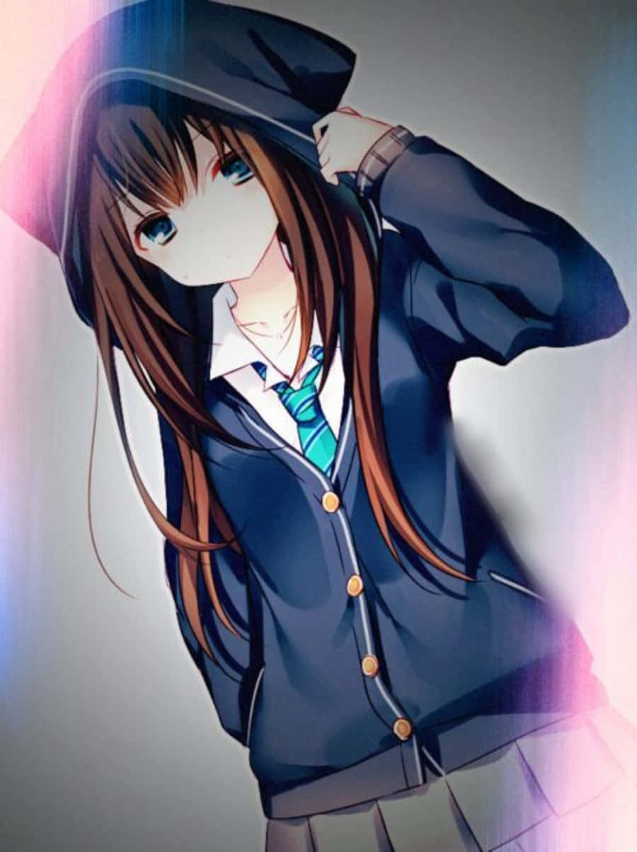 原創 粉色連帽衫動畫女孩 壁紙