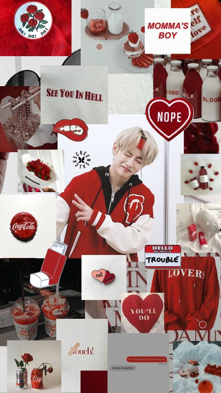 可愛剪貼簿 BTS V 紅色美學 iPhone 壁紙