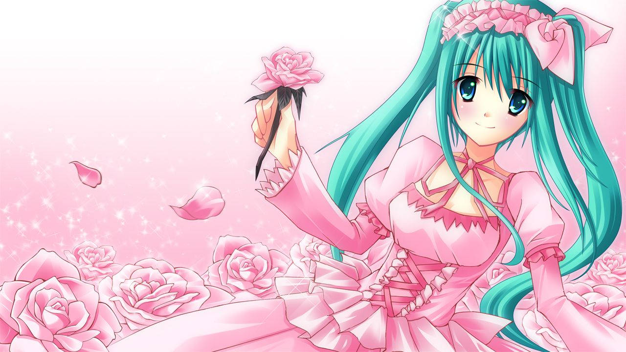 可愛動漫初音未來粉紅禮服與玫瑰 壁紙