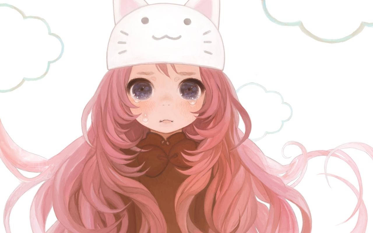 可愛動漫女孩戴貓帽哭泣 壁紙