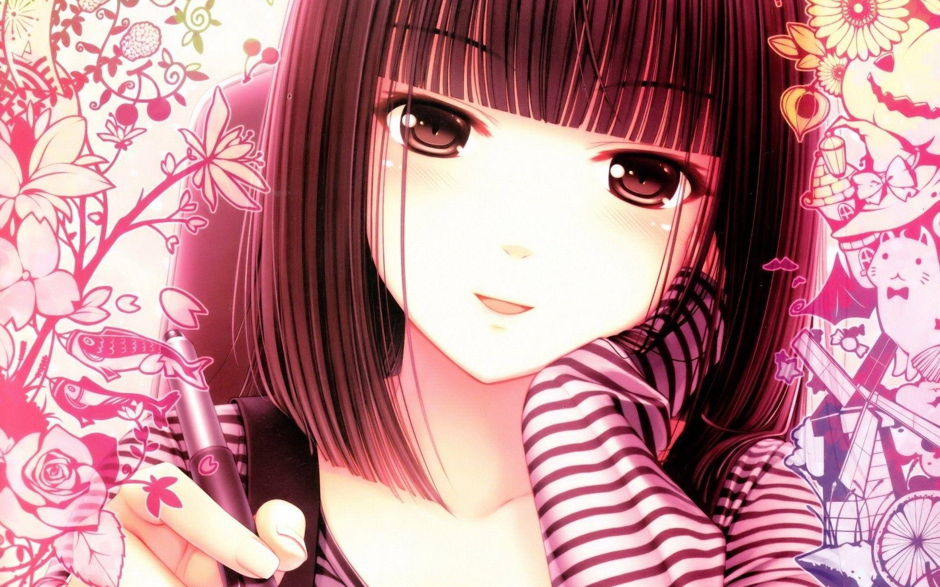 可愛動漫女孩持筆塗鴉 壁紙