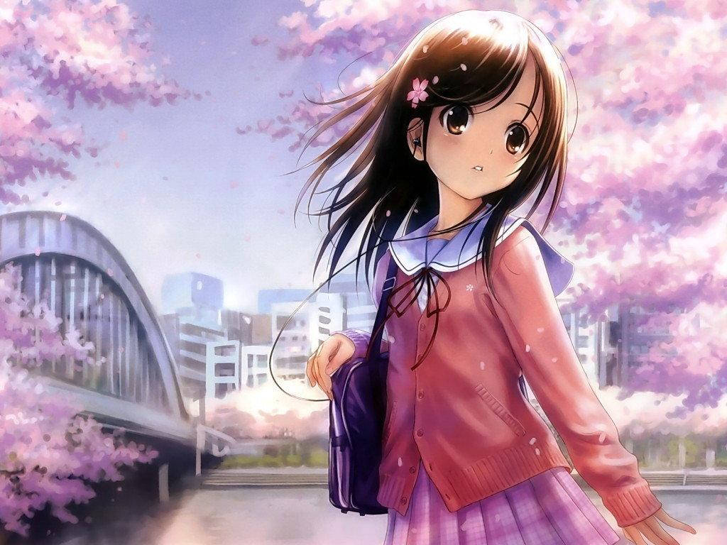 可愛動漫女孩與櫻花樹 壁紙