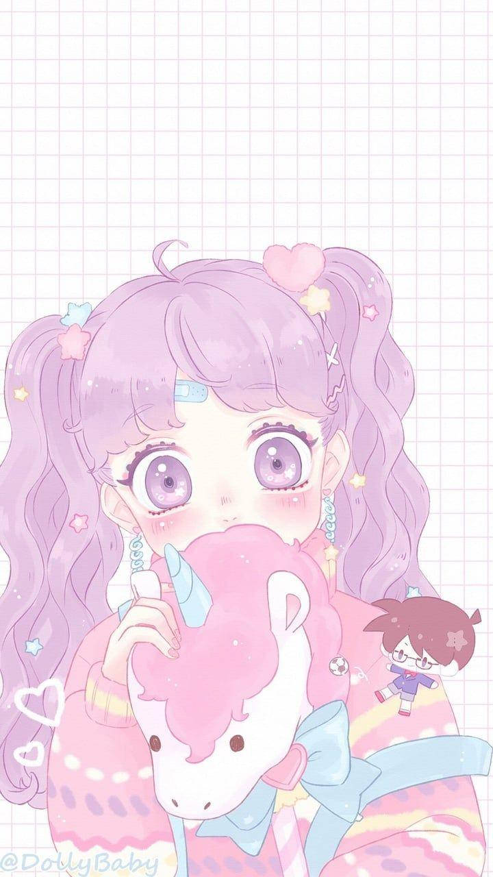 可愛動漫女孩與獨角獸玩偶 壁紙